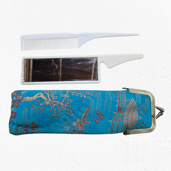 Vintage 1950s Asian Brocade Vanity Case w/ Comb & Mirror Blue Pagoda Design - Picture 7 of 9